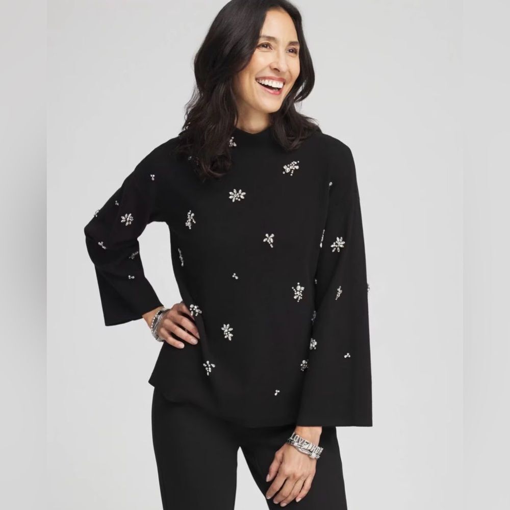 NWT Chico's Black Mockneck Sweater with Rhinestone Accents Size (6-8)